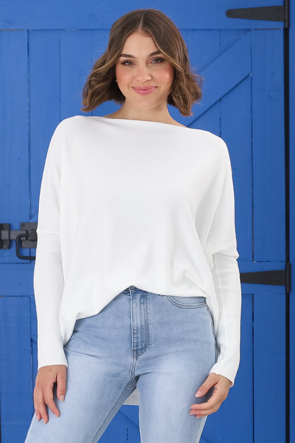 Belinda Knit Top - Boat Neckline Boxy Batwing Top in White