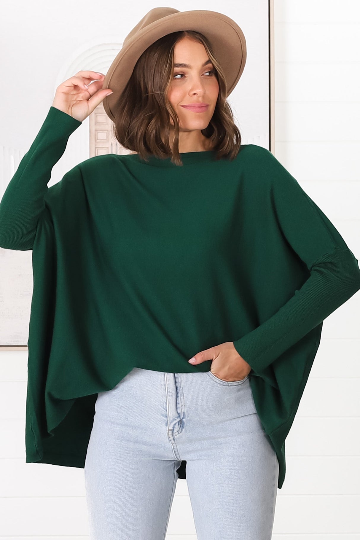 Belinda Knit Top - Boat Neckline Boxy Batwing Top in Dark Green