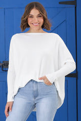 Belinda Knit Top - Boat Neckline Boxy Batwing Top in White