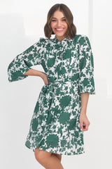 Esther Mini Dress - High Mandarin Collar Buttoned Dress with Waist Tie in Demi Green