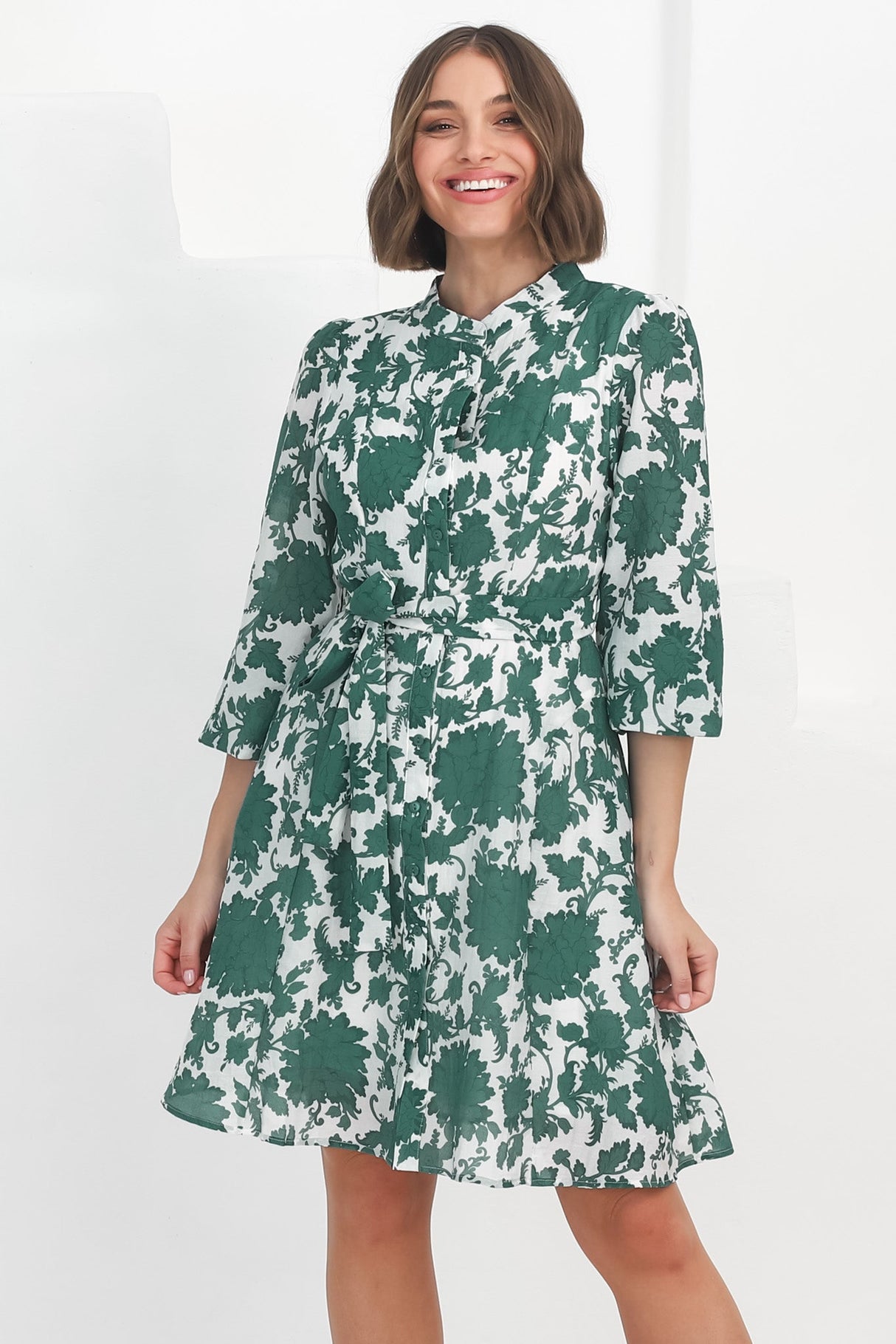 Esther Mini Dress - High Mandarin Collar Buttoned Dress with Waist Tie in Demi Green