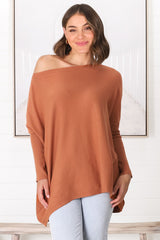 Belinda Knit Top - Boat Neckline Boxy Batwing Top in Rust