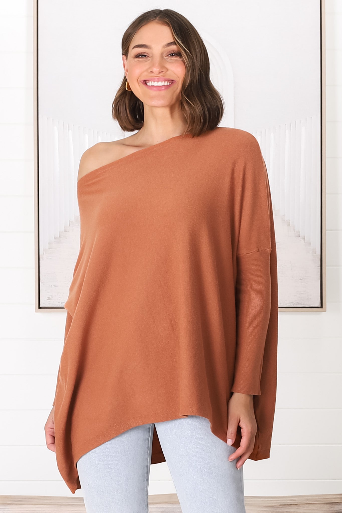 Belinda Knit Top - Boat Neckline Boxy Batwing Top in Rust