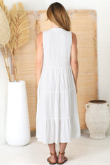 Aurora Midi Dress - Sleeveless Tiered Linen Dress with Pleated Bust in White