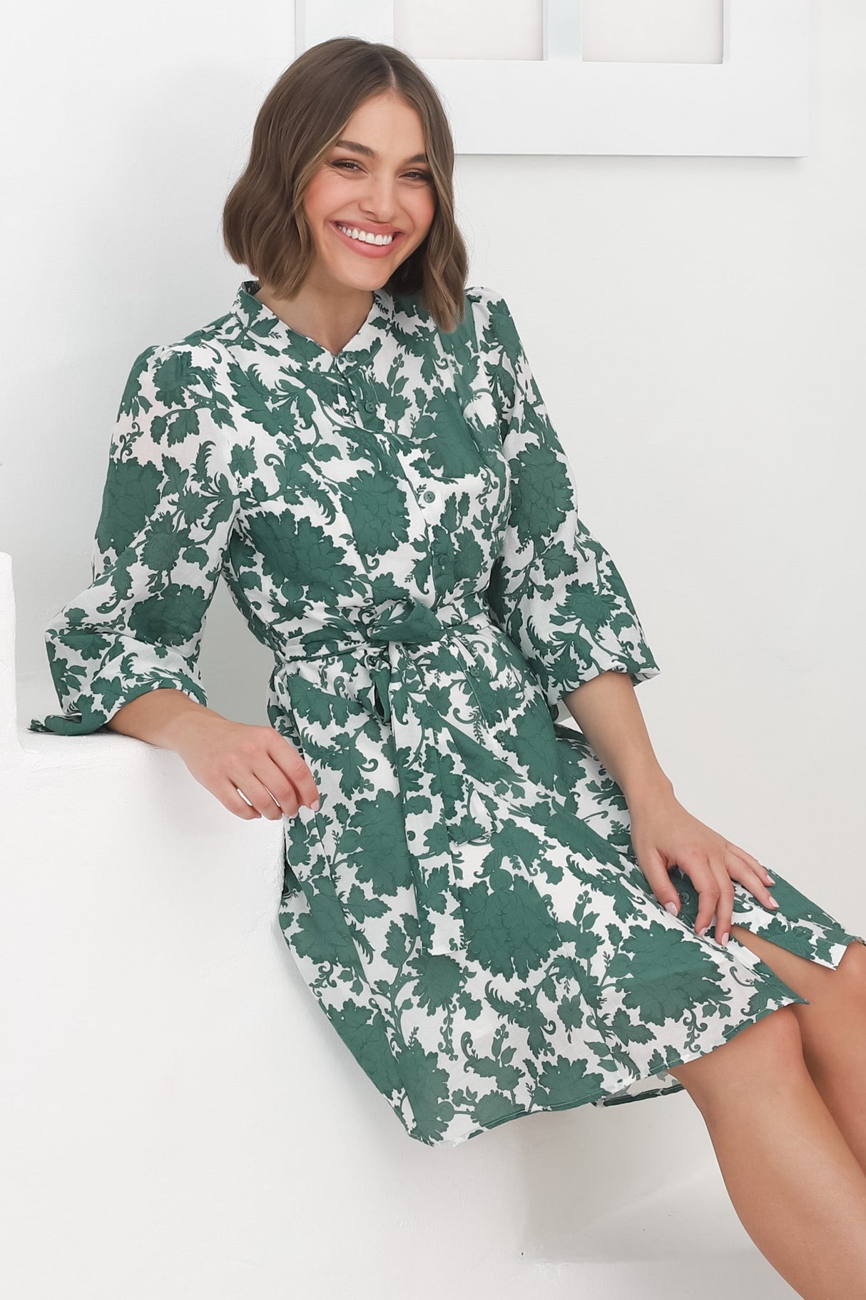 Esther Mini Dress - High Mandarin Collar Buttoned Dress with Waist Tie in Demi Green