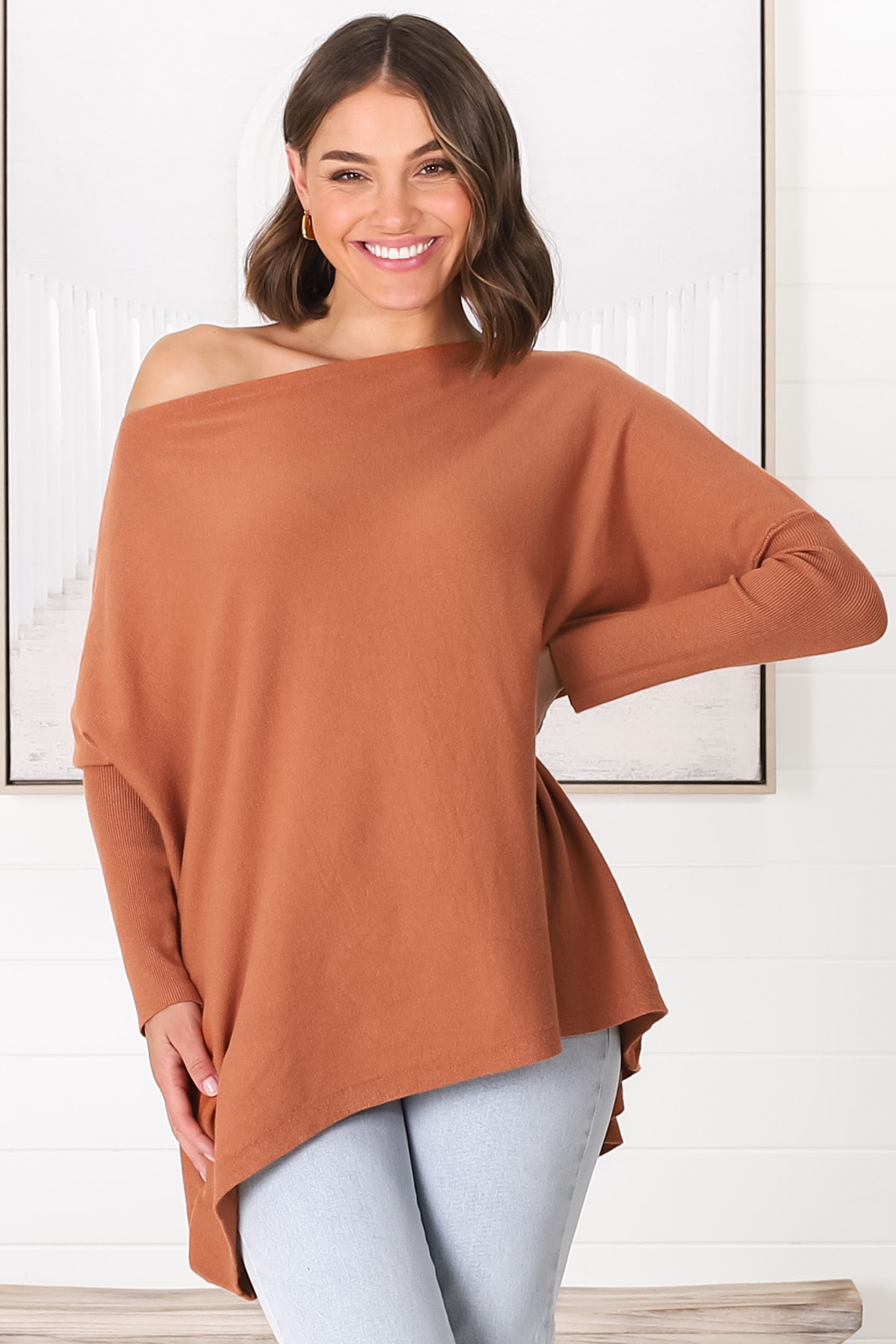 Belinda Knit Top - Boat Neckline Boxy Batwing Top in Rust