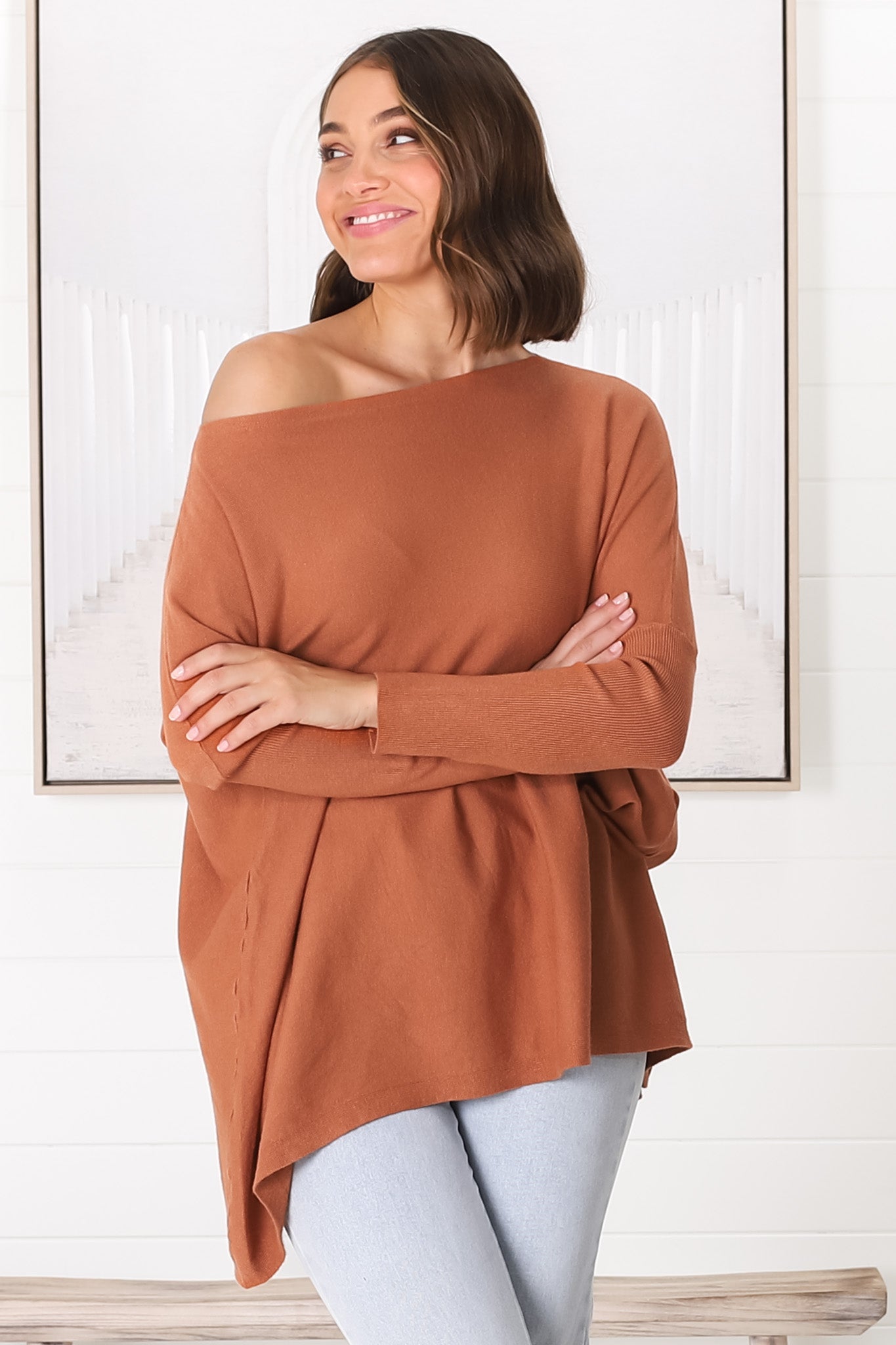 Belinda Knit Top - Boat Neckline Boxy Batwing Top in Rust