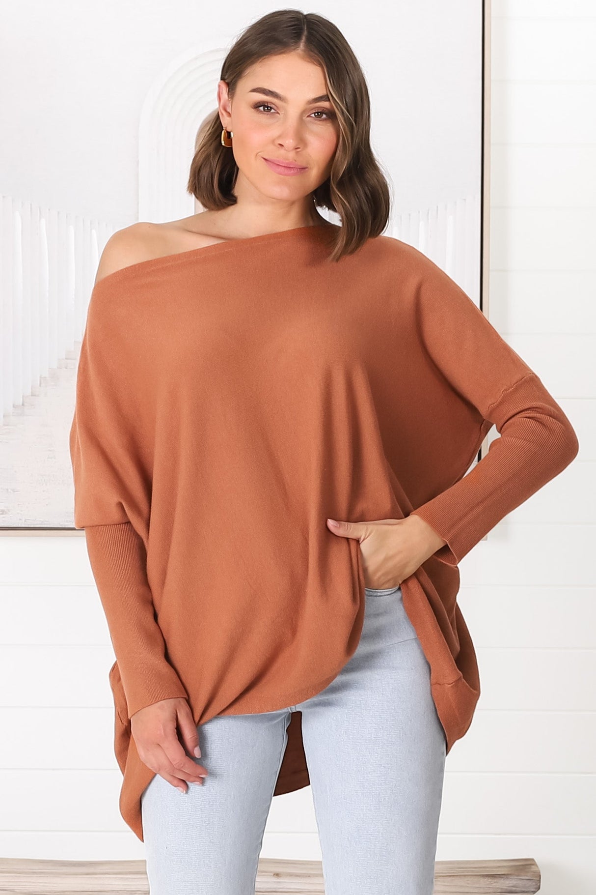 Belinda Knit Top - Boat Neckline Boxy Batwing Top in Rust