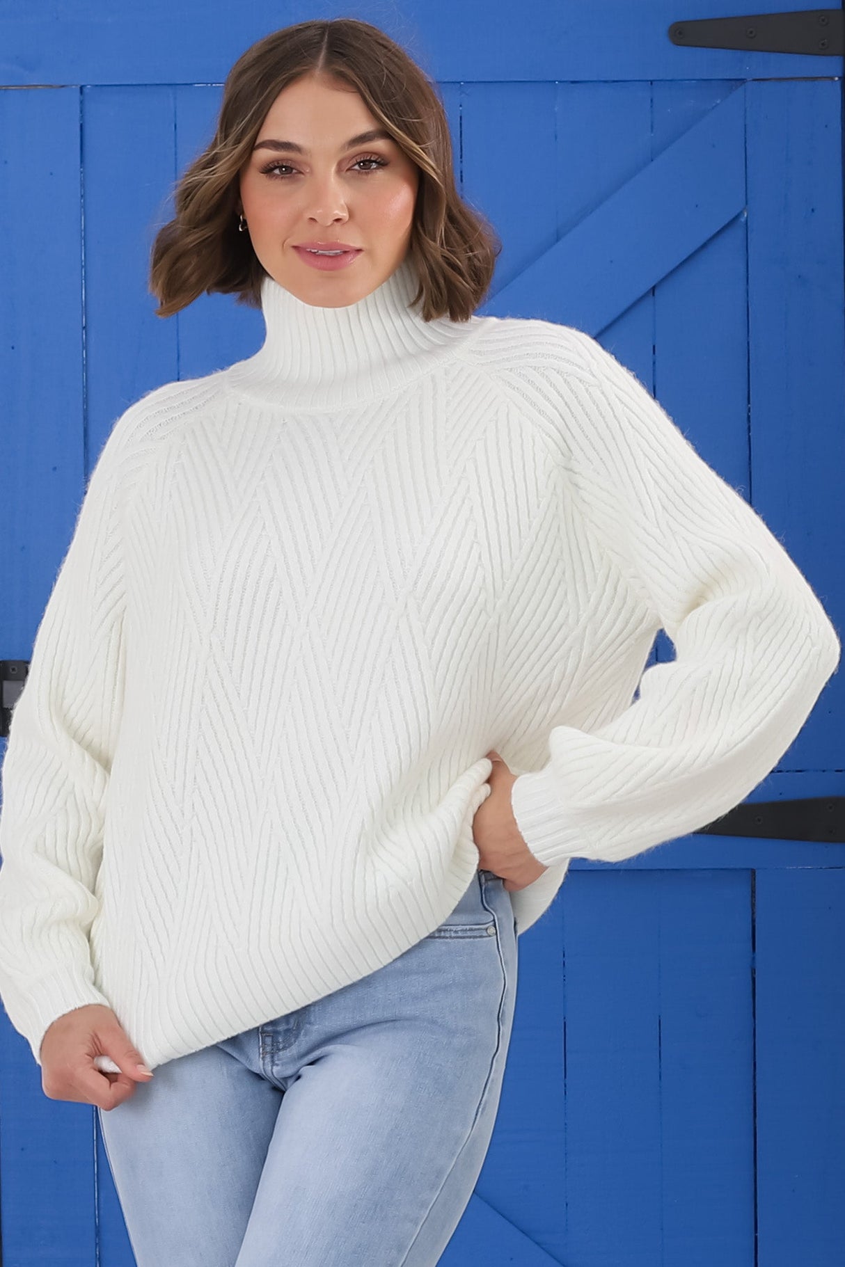 Karlie Jumper - Turtle Neck Ribbed Pattern Knit Jumper In Off White