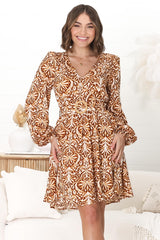 Lyna Mini Dress -  A Line Dress with Statement Rattan Buckle Belt in Kara Print Brown