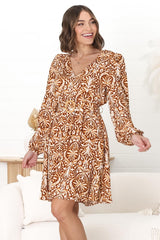 Lyna Mini Dress -  A Line Dress with Statement Rattan Buckle Belt in Kara Print Brown