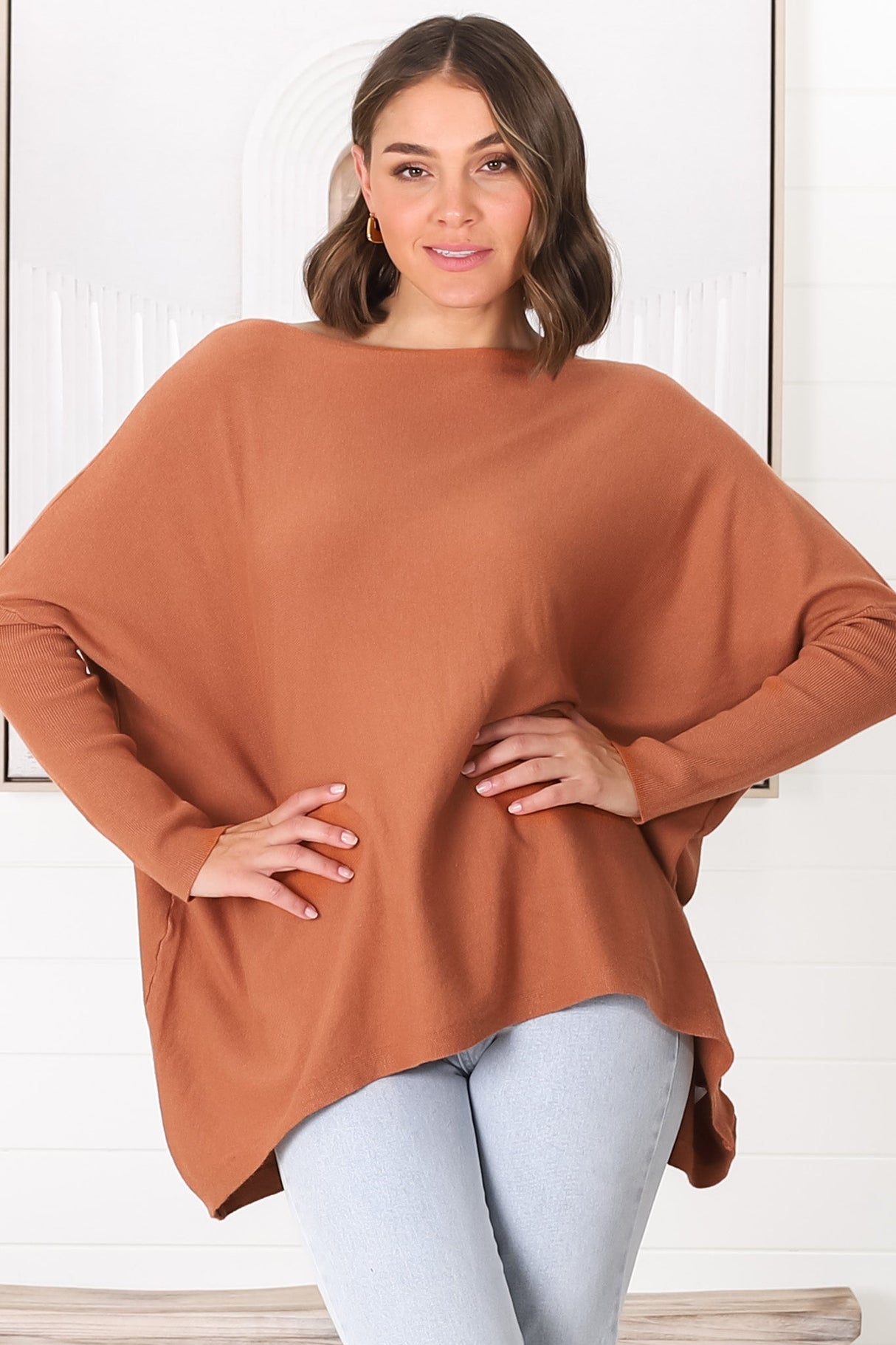 Belinda Knit Top - Boat Neckline Boxy Batwing Top in Rust