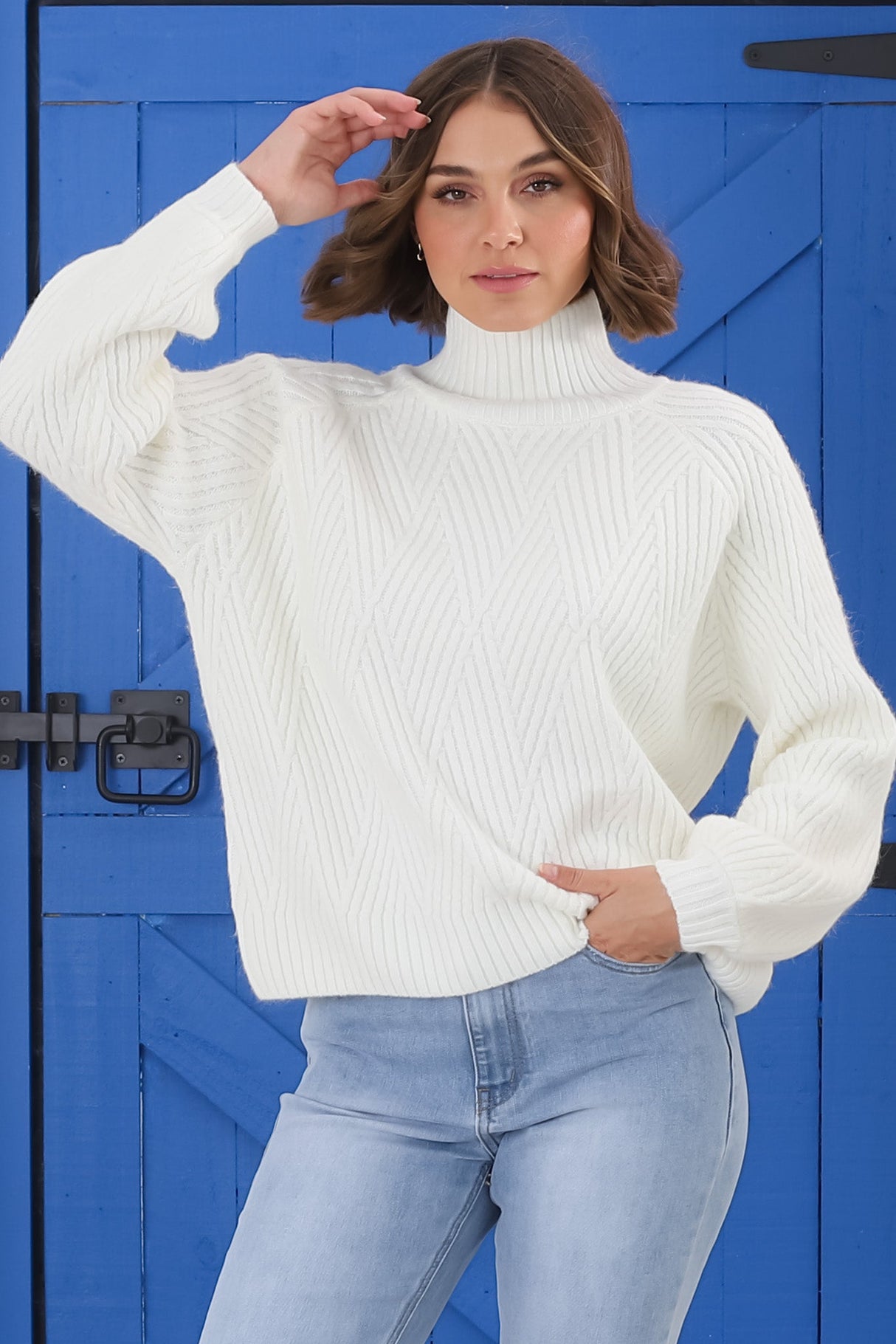 Karlie Jumper - Turtle Neck Ribbed Pattern Knit Jumper in Off White