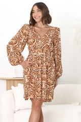 Lyna Mini Dress -  A Line Dress with Statement Rattan Buckle Belt in Kara Print Brown