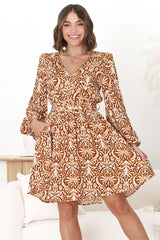 Lyna Mini Dress -  A Line Dress with Statement Rattan Buckle Belt in Kara Print Brown