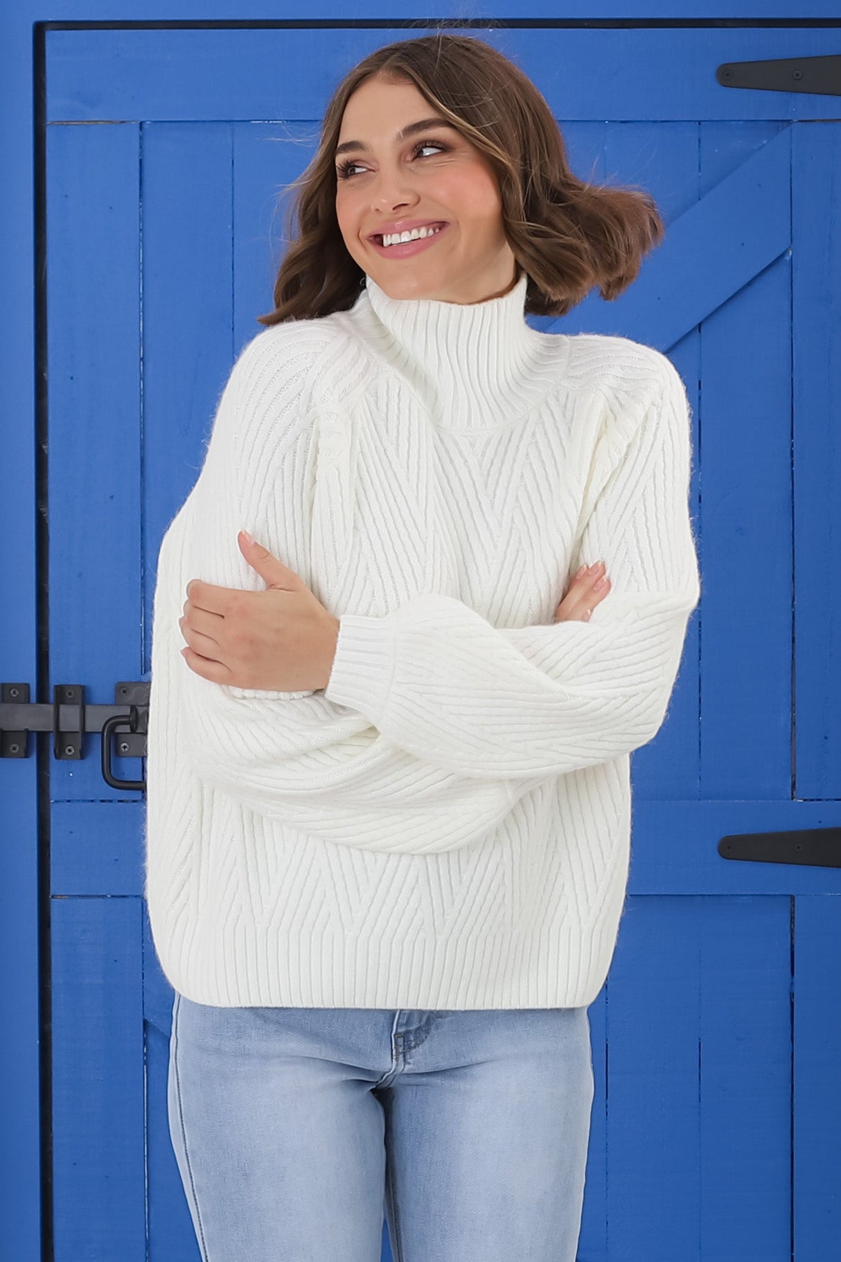 Karlie Jumper - Turtle Neck Ribbed Pattern Knit Jumper In Off White