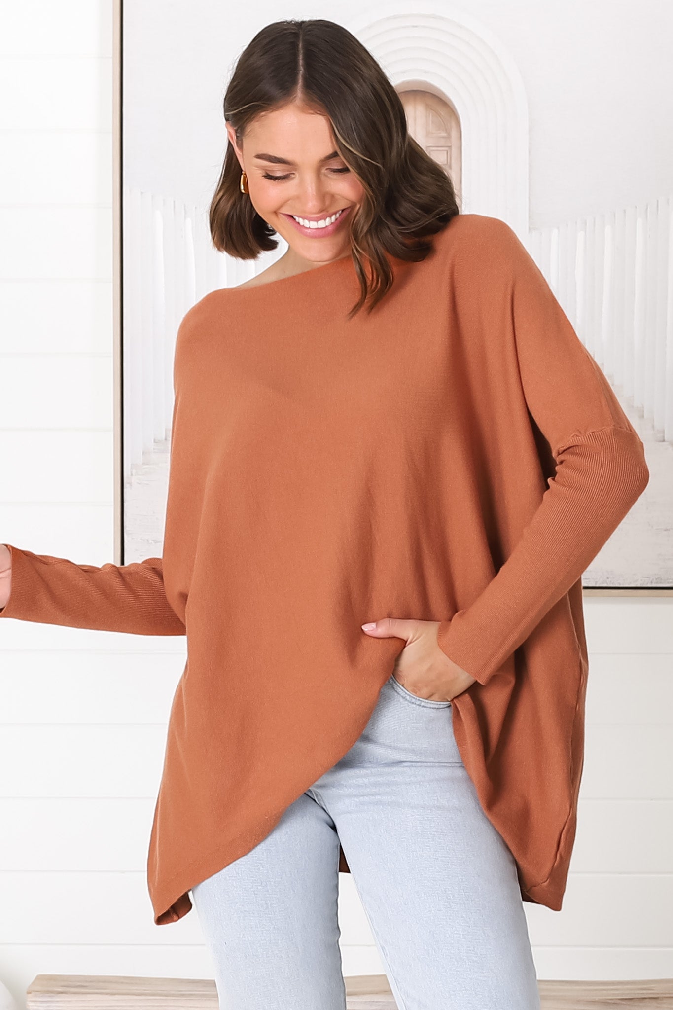 Belinda Knit Top - Boat Neckline Boxy Batwing Top in Rust