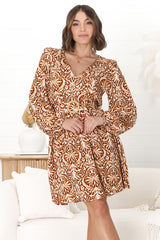 Lyna Mini Dress -  A Line Dress with Statement Rattan Buckle Belt in Kara Print Brown