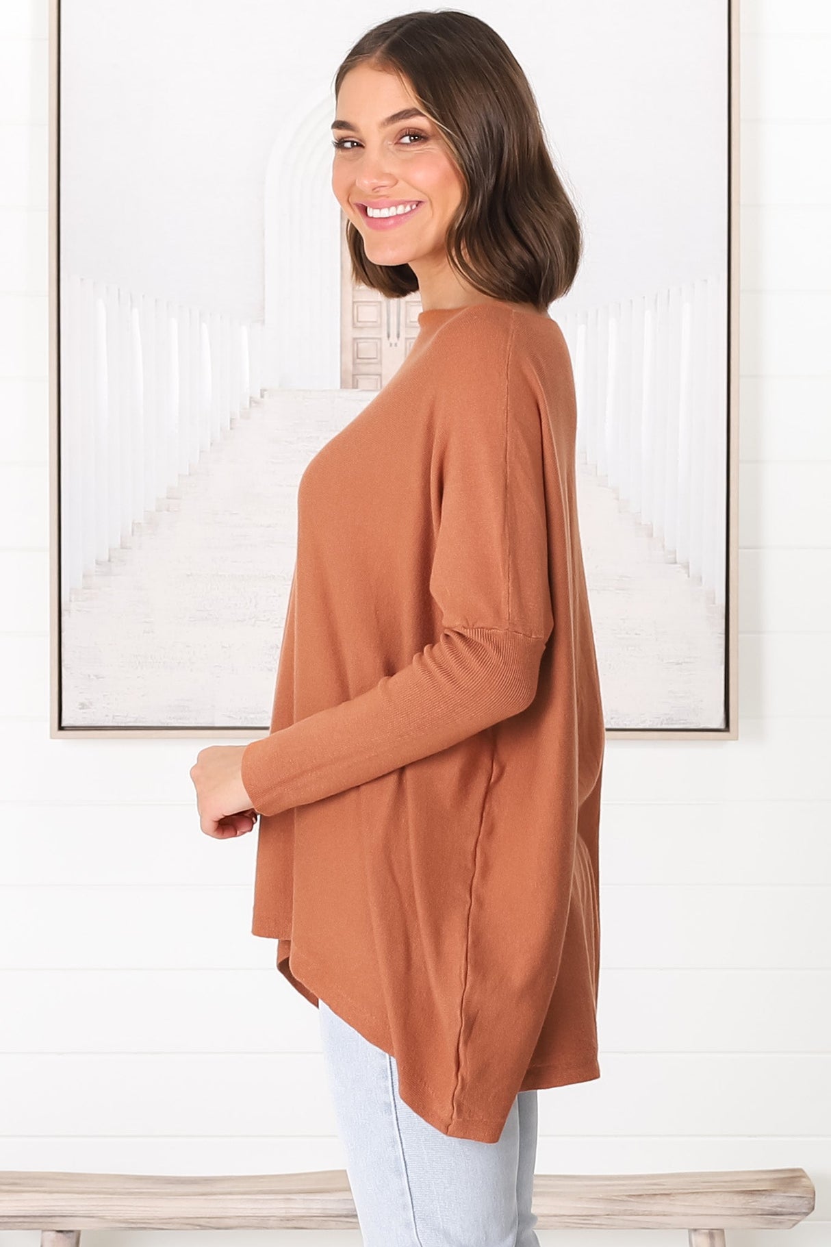 Belinda Knit Top - Boat Neckline Boxy Batwing Top in Rust