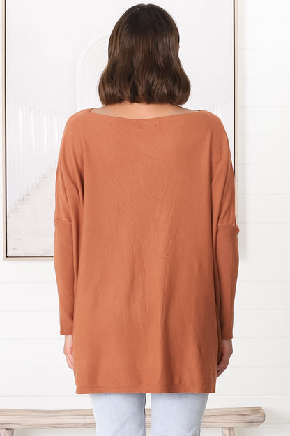 Belinda Knit Top - Boat Neckline Boxy Batwing Top in Rust