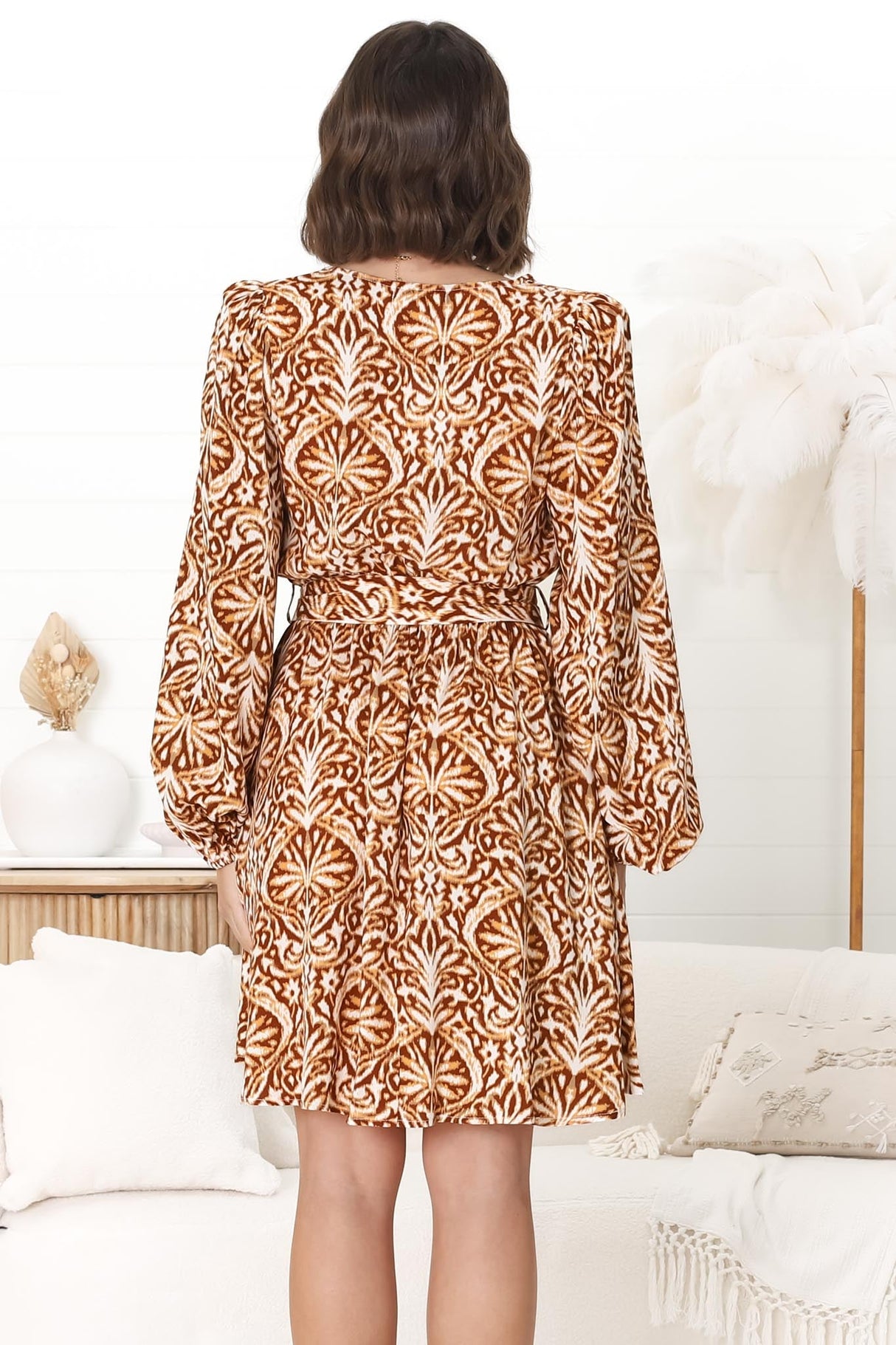 Lyna Mini Dress -  A Line Dress with Statement Rattan Buckle Belt in Kara Print Brown