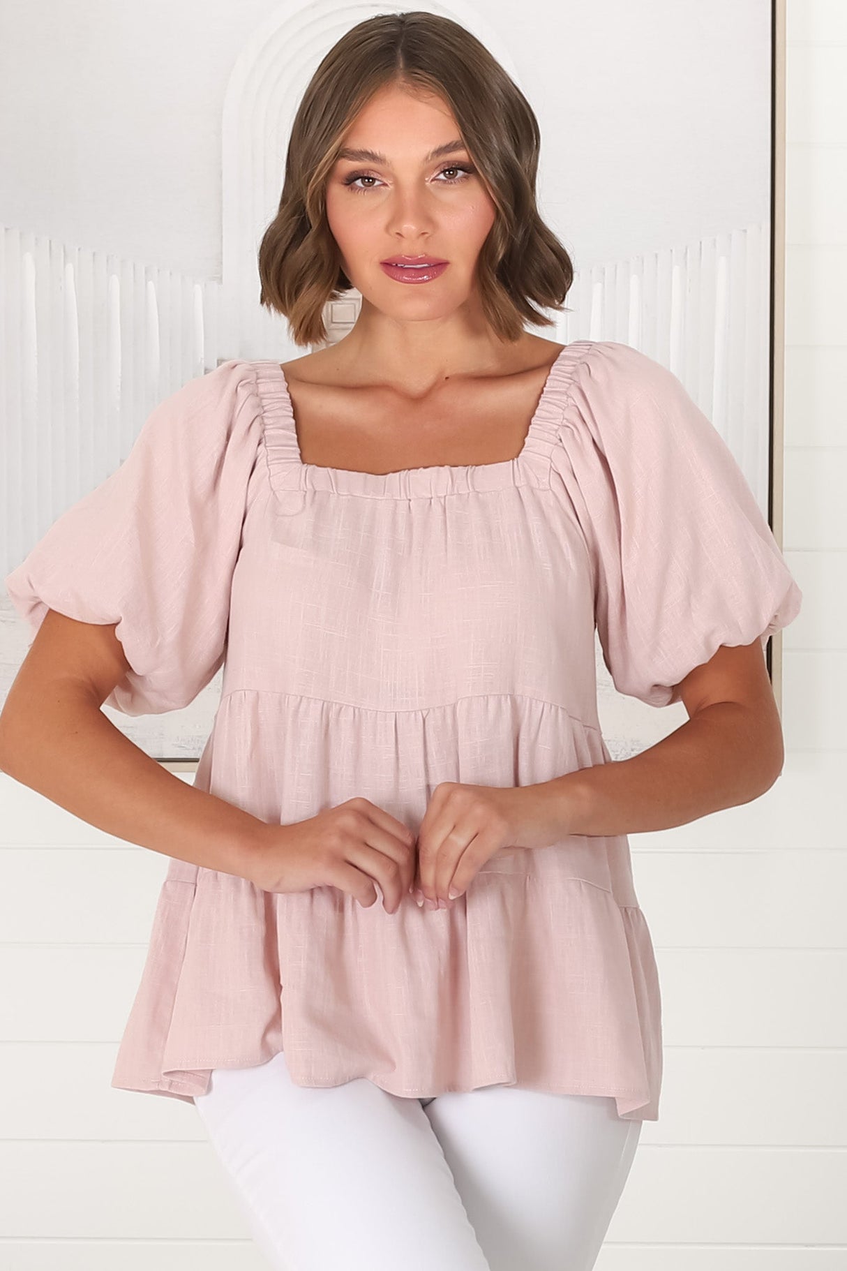 Harlen Top - On or Off Shoulder Tiered Top in Pink