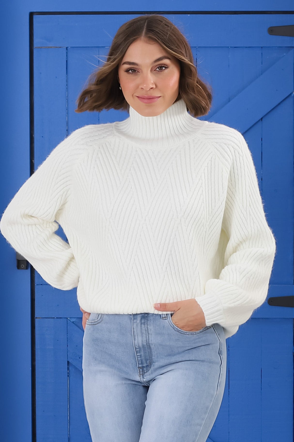 Karlie Jumper - Turtle Neck Ribbed Pattern Knit Jumper In Off White