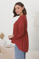 Elza Blouse - Mandarin Collar High Low Pull Over Blouse in Rust