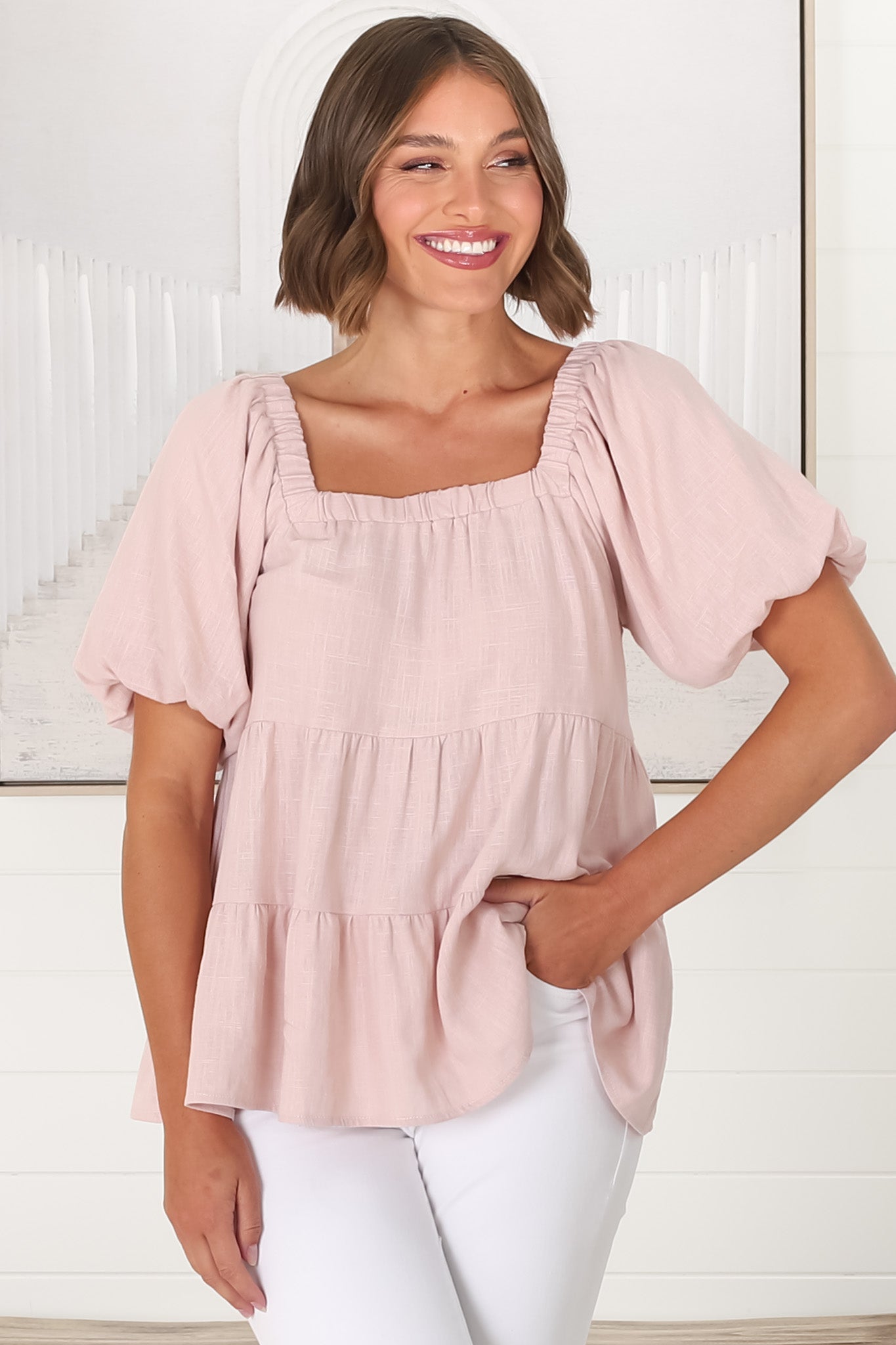 Harlen Top - On or Off Shoulder Tiered Top in Pink