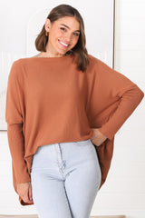 Belinda Knit Top - Boat Neckline Boxy Batwing Top in Rust