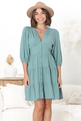 Amilia Mini Dress - Tiered Button Down Dress in Sage