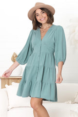 Amilia Mini Dress - Tiered Button Down Dress in Sage