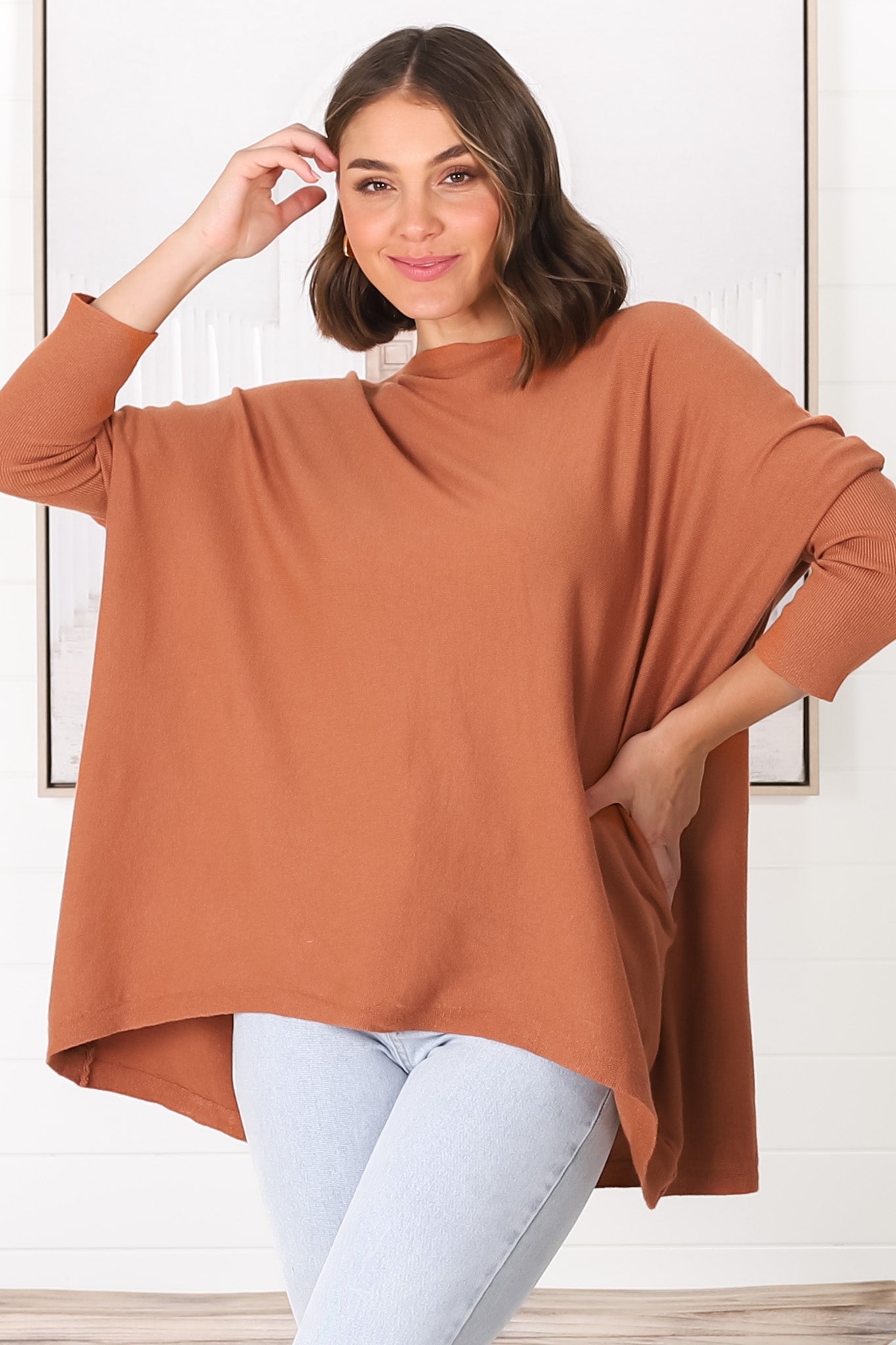 Belinda Knit Top - Boat Neckline Boxy Batwing Top in Rust