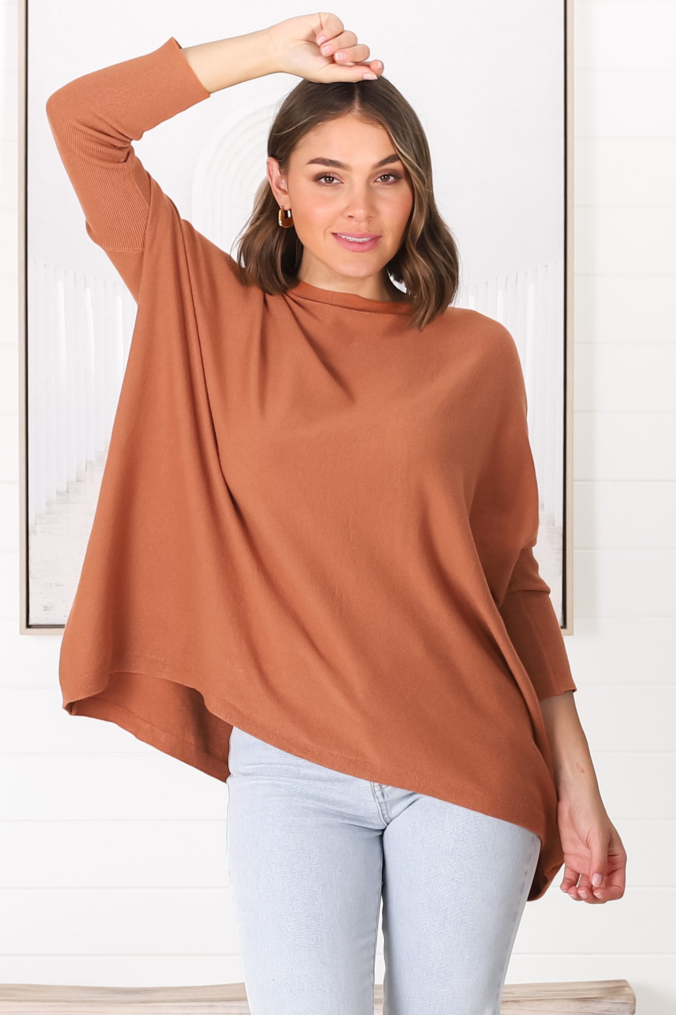 Belinda Knit Top - Boat Neckline Boxy Batwing Top in Rust