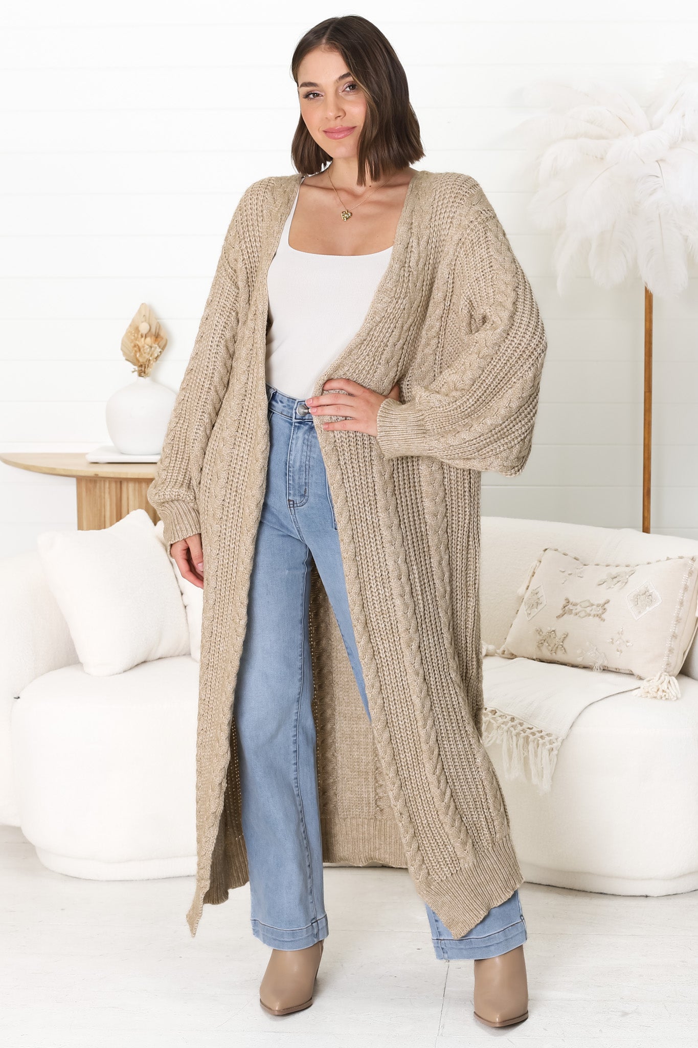 Ginelle Cardigan - Longline Open Front Cable Knit Cardigan in Mocha