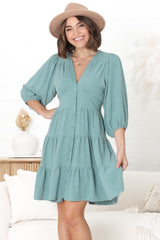 Amilia Mini Dress - Tiered Button Down Dress in Sage