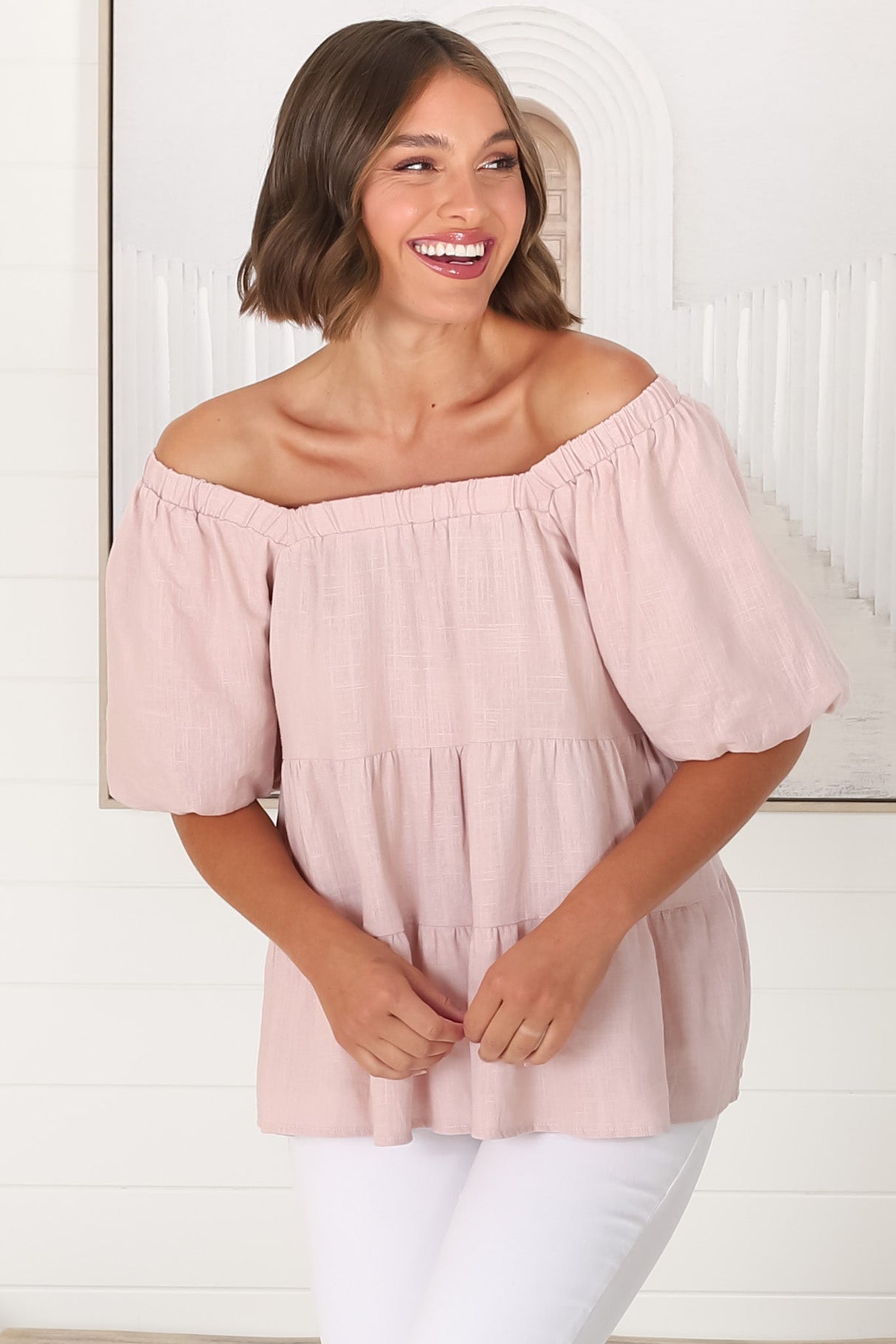 Harlen Top - On or Off Shoulder Tiered Top in Pink