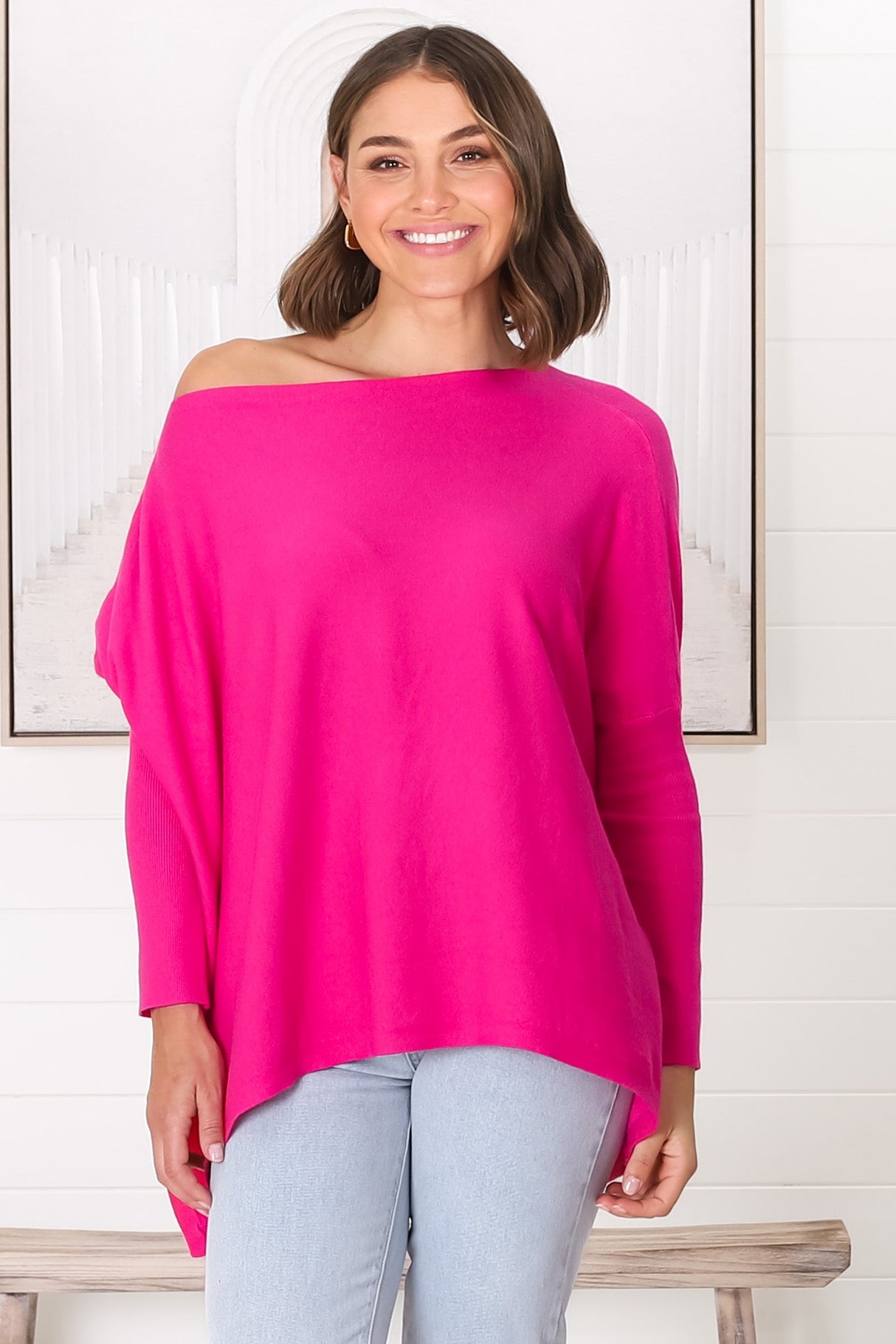 Belinda Knit Top - Boat Neckline Boxy Batwing Top in Hot Pink