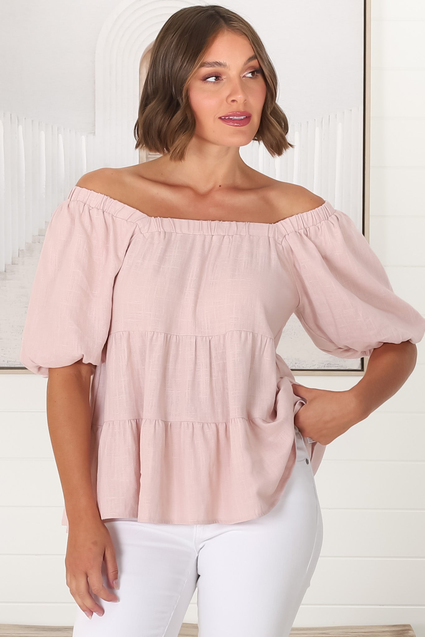 Harlen Top - On or Off Shoulder Tiered Top in Pink