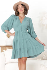 Amilia Mini Dress - Tiered Button Down Dress in Sage