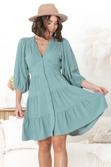 Amilia Mini Dress - Tiered Button Down Dress in Sage