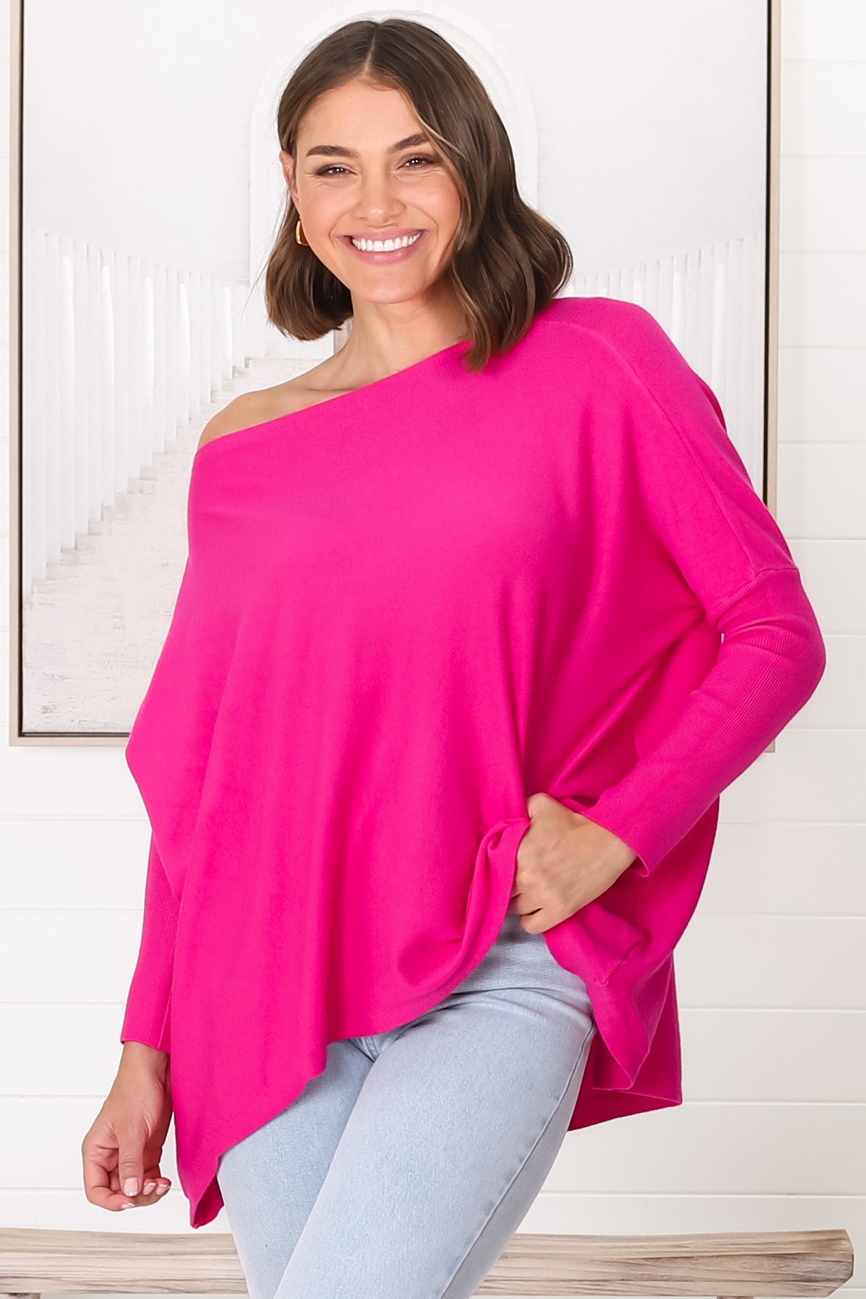 Belinda Knit Top - Boat Neckline Boxy Batwing Top in Hot Pink