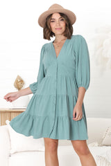 Amilia Mini Dress - Tiered Button Down Dress in Sage