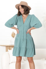 Amilia Mini Dress - Tiered Button Down Dress in Sage