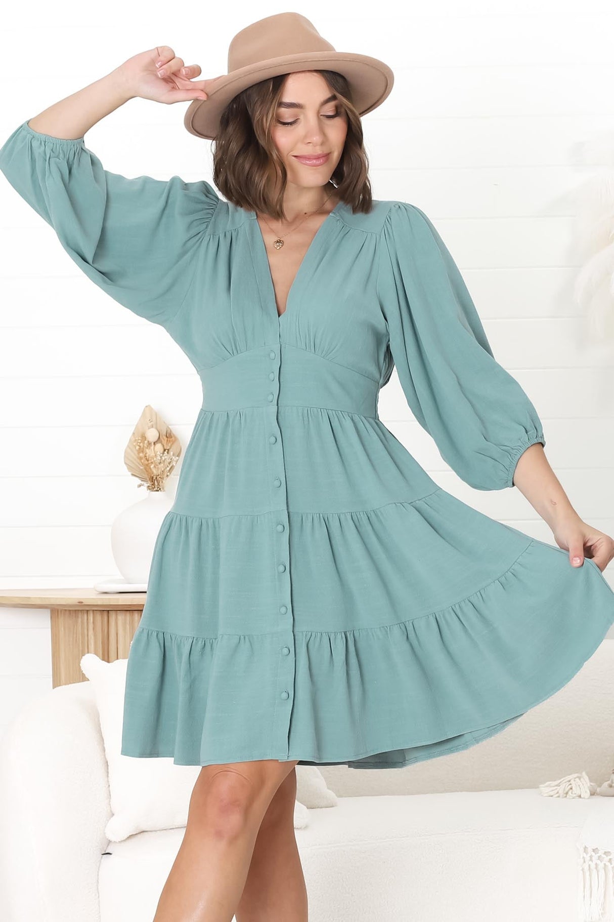 Amilia Mini Dress - Tiered Button Down Dress in Sage