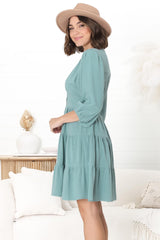 Amilia Mini Dress - Tiered Button Down Dress in Sage