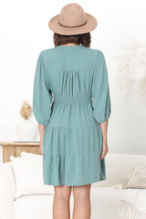 Amilia Mini Dress - Tiered Button Down Dress in Sage