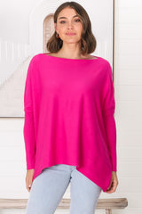 Belinda Knit Top - Boat Neckline Boxy Batwing Top in Hot Pink