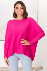 Belinda Knit Top - Boat Neckline Boxy Batwing Top in Hot Pink