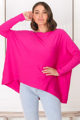 Belinda Knit Top - Boat Neckline Boxy Batwing Top in Hot Pink